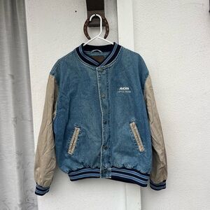 Vintage Men's 90s Amgen Leptin / Myalept Denim Varsity Bomber Jacket (Large)